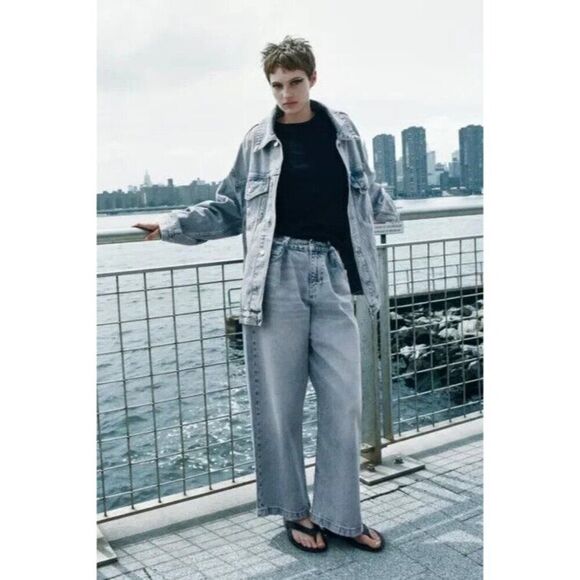 Zara Womens Jeans EU 38 US 6 Blue Wide Leg Adjustable Relaxed Fit 6186/242 NWT - Picture 1 of 12